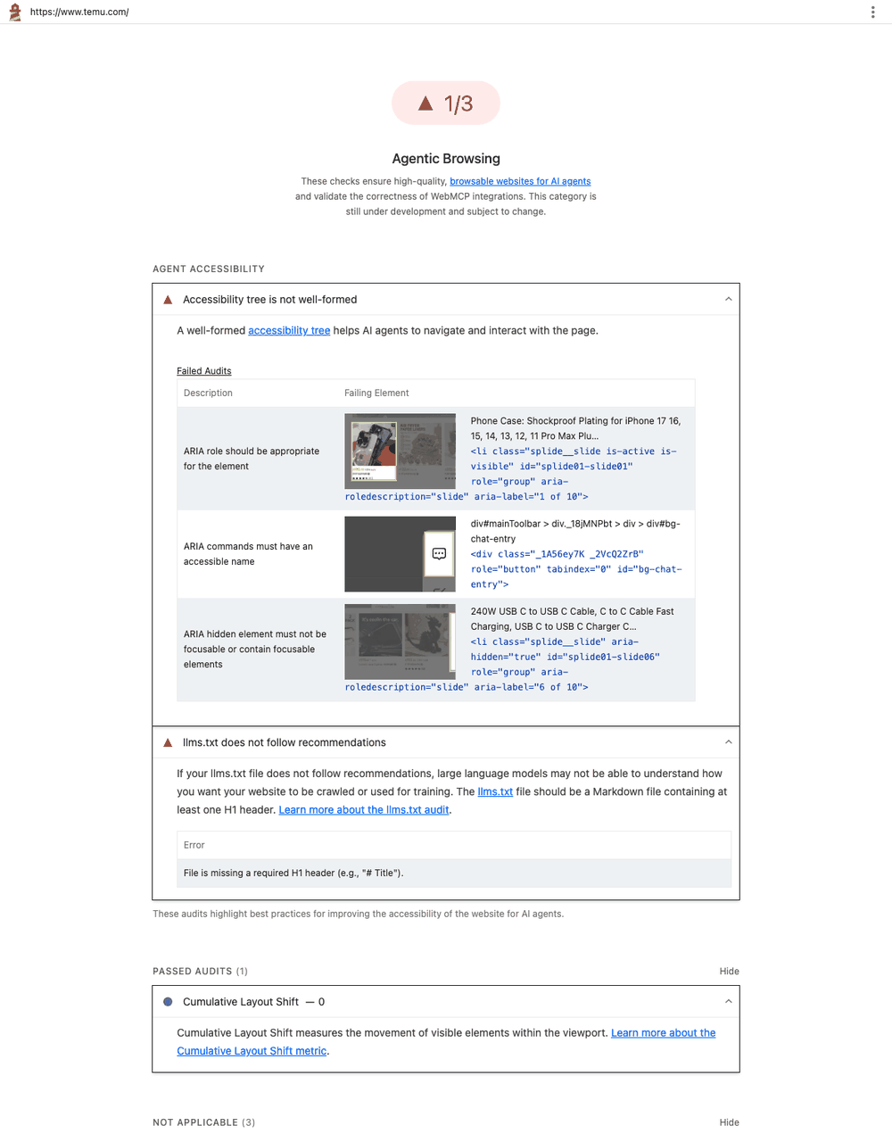 Lighthouse Agentic Browsing report for Temu showing a score of 1 out of 3, with three failing accessibility-tree elements and a failing llms.txt check.