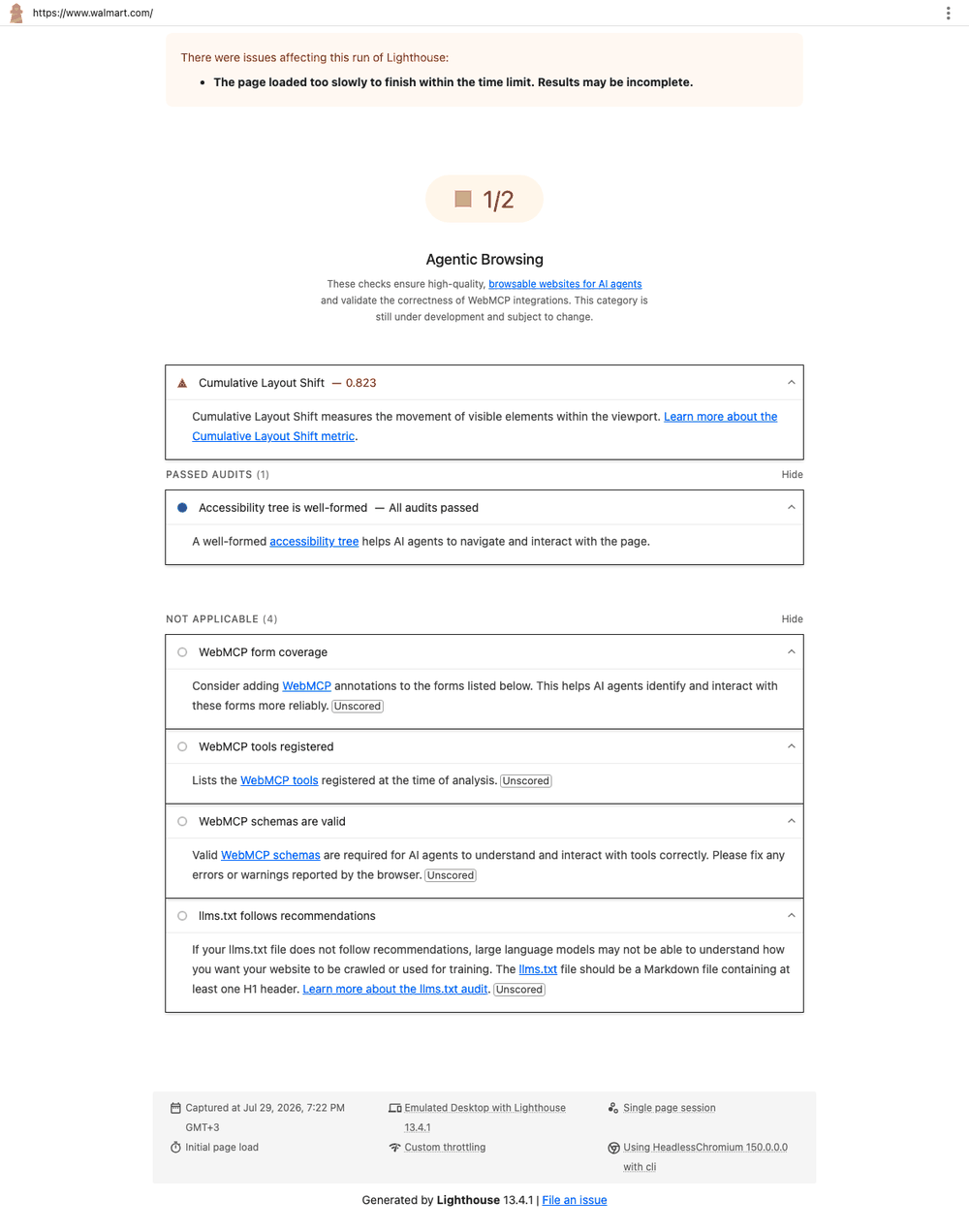 Lighthouse Agentic Browsing report for Walmart showing 1 out of 2 with a Cumulative Layout Shift of 0.823 and four not-applicable WebMCP and llms.txt audits.