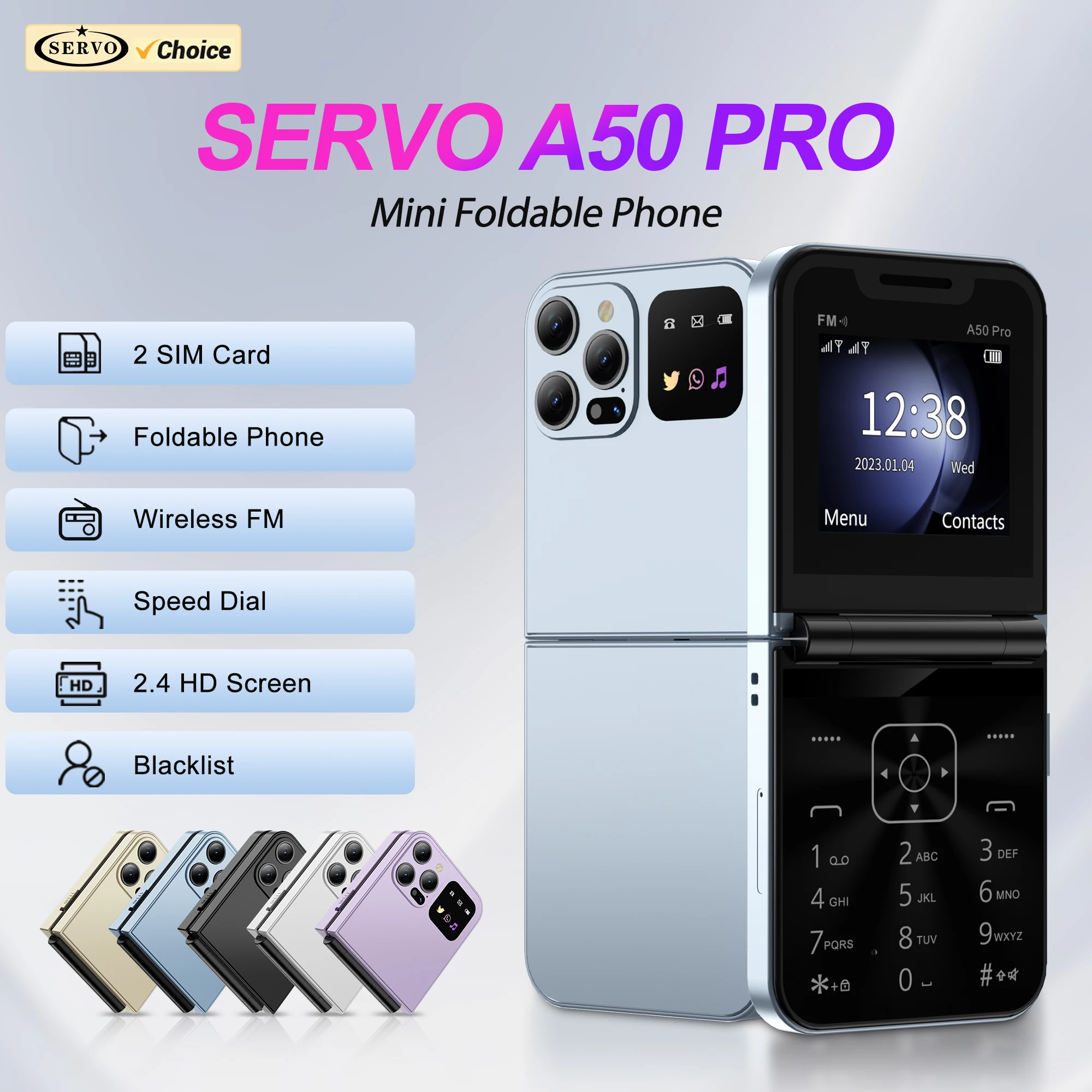 The SERVO A50 PRO Mini Foldable Phone on AliExpress — a purple plastic flip phone with two SIM slots and a 2.4 inch screen, the top result that the Day 2 pipeline returned for the prompt 'iphone 18 replica'.