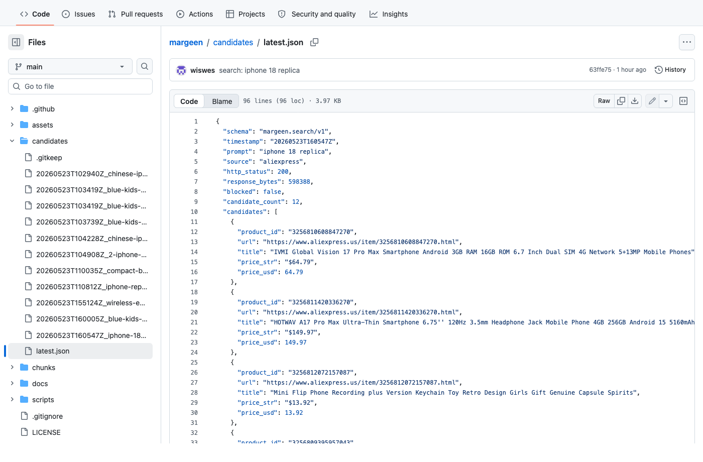 candidates/latest.json open on GitHub — a JSON file listing AliExpress products with product_id, url, title, price_str, and price_usd fields, plus a sidebar of timestamped per-search files in the candidates folder.