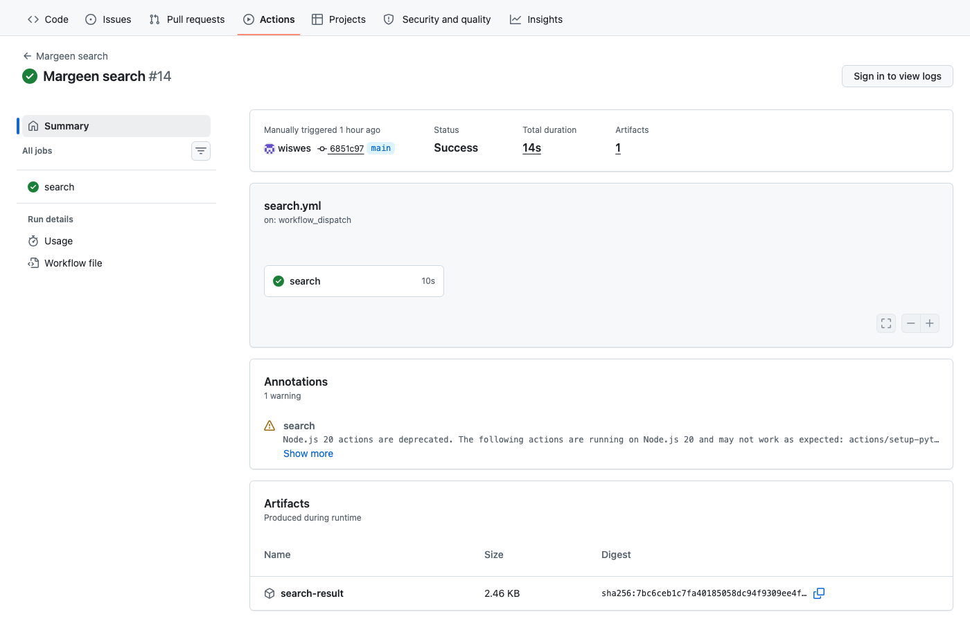 The GitHub Actions summary page for Margeen search #14: a green check, Status: Success, Total duration 14s, one artifact (search-result, 2.46 KB), the single search job ran in 10s.