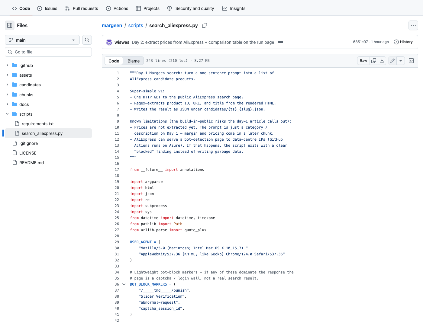 scripts/search_aliexpress.py open on GitHub — a Python file with module docstring, standard library imports (subprocess, re, json, os), and the start of search/parse helpers.