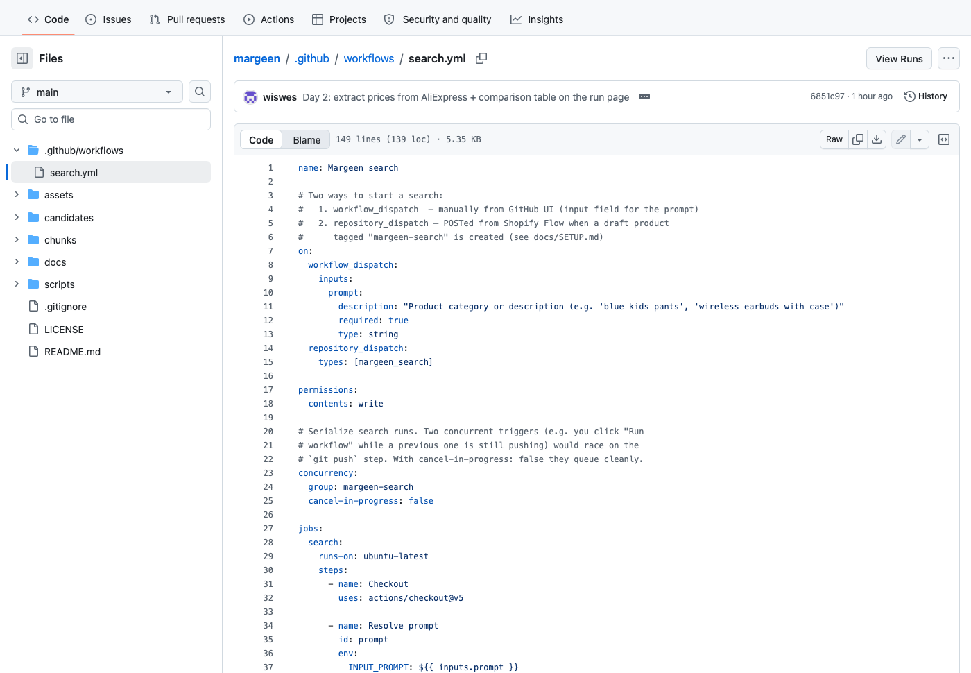 The .github/workflows/search.yml file open on GitHub, showing the YAML for the Margeen search workflow — name, workflow_dispatch and repository_dispatch triggers, permissions, and the search job.
