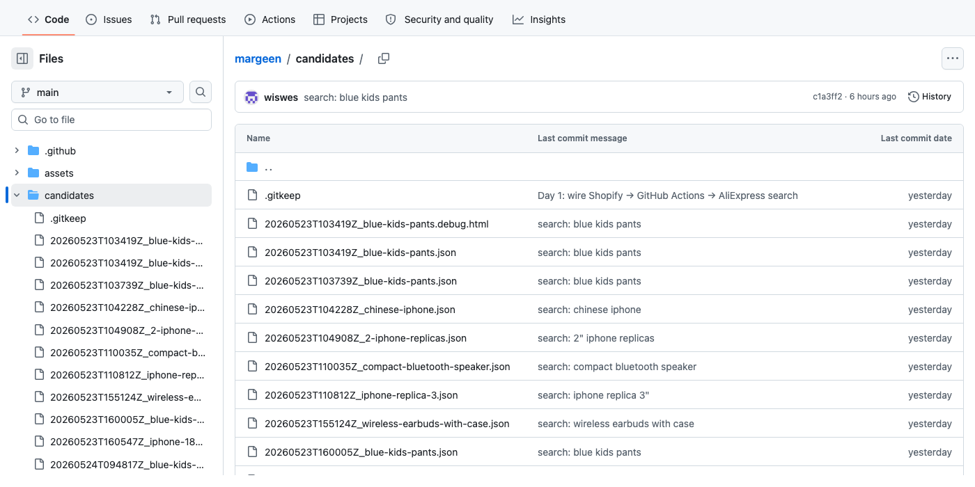 The candidates/ folder on GitHub showing one timestamped JSON file per search across multiple days, plus the stable candidates/latest.json pointer and a debug.html artifact from a blocked run.