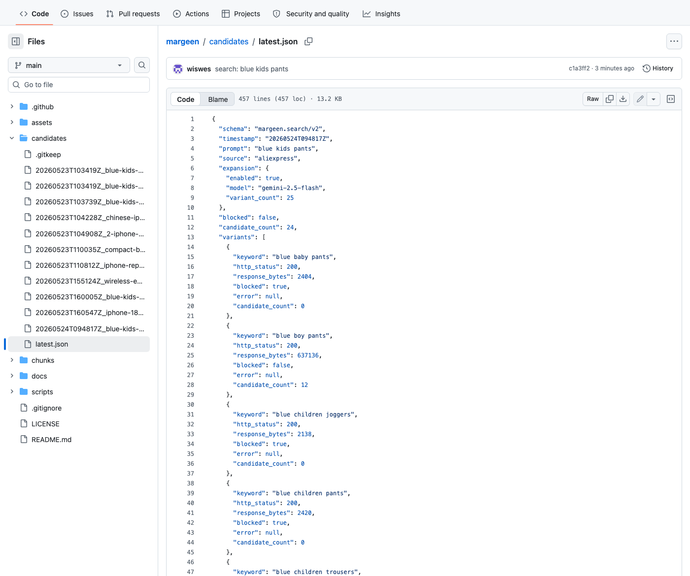 candidates/latest.json on GitHub showing the new v2 schema: expansion block at the top with model name and variant_count: 25, followed by a variants array where each entry has keyword, http_status, response_bytes, blocked, error, candidate_count.