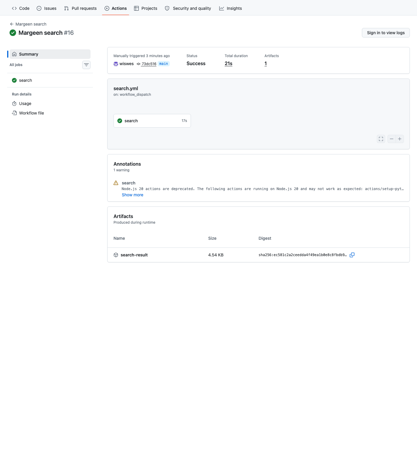 GitHub Actions run summary for Margeen search #16: status Success, total duration 21s, one artifact named search-result (4.54 KB).