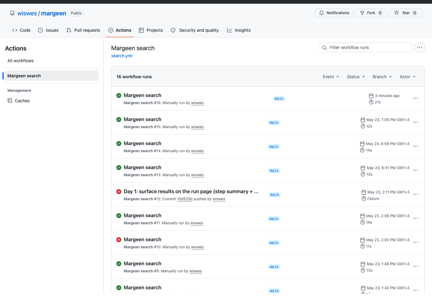 GitHub Actions runs list for Margeen search, with run #16 at the top showing 21 seconds, and the earlier Day 2 runs at 12-14 seconds.