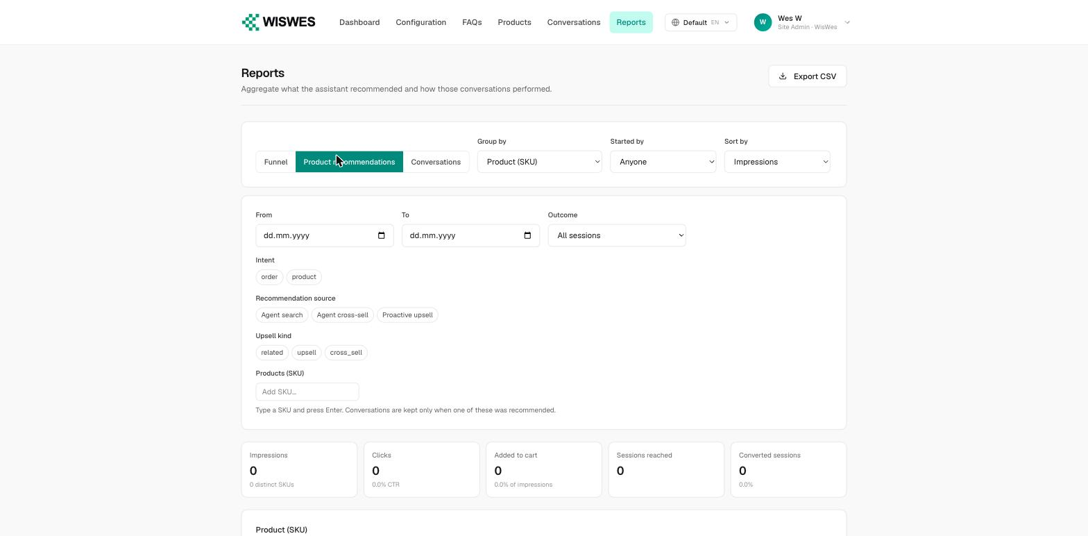 The Product recommendations view with group-by, recommendation source and upsell kind filters