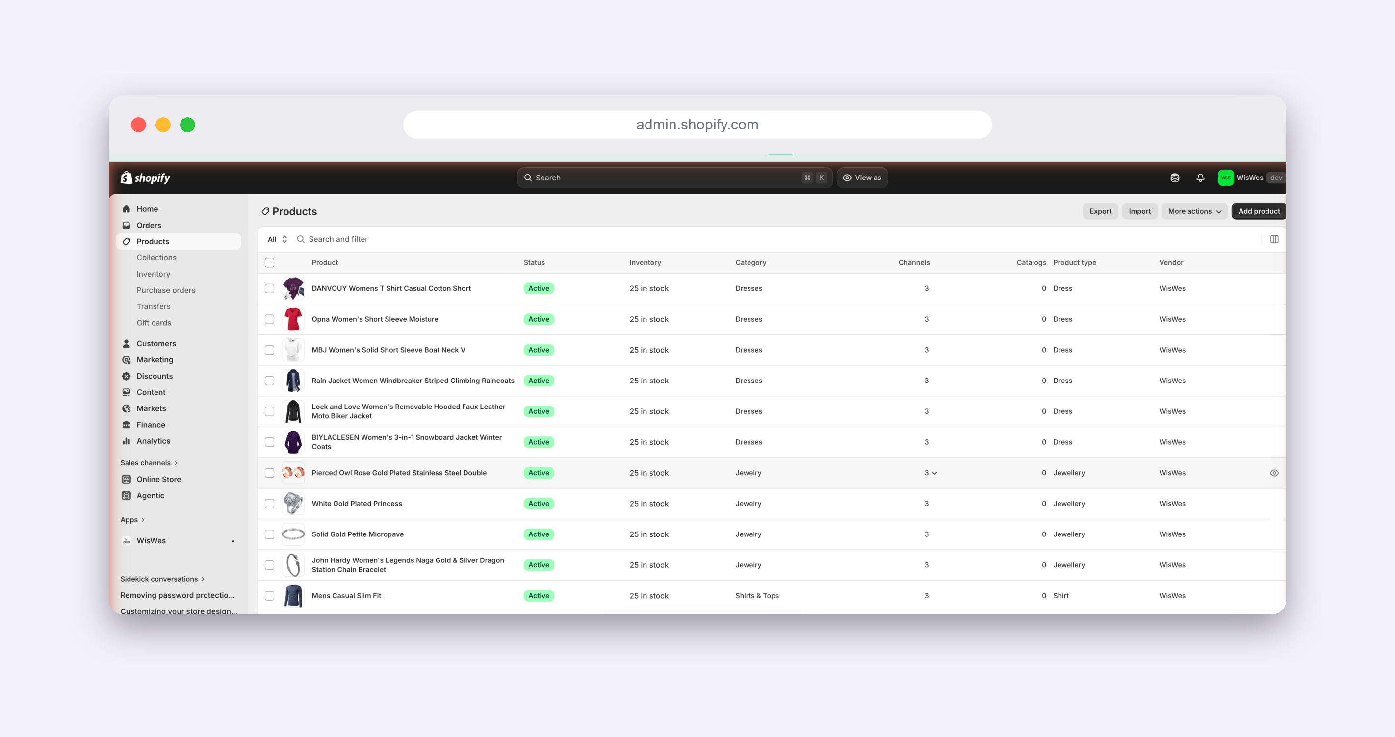 A Shopify development store's admin showing a full product catalog with inventory counts, categories and vendors.