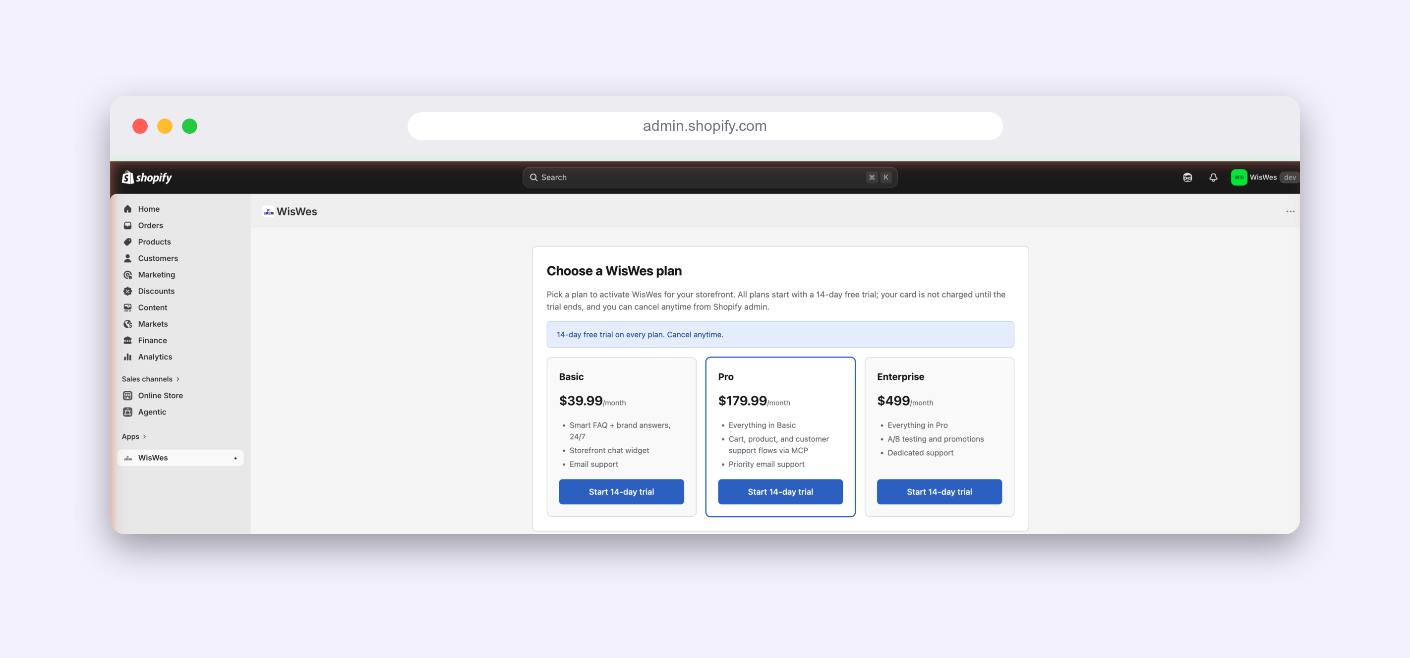 The WisWes app running as a page inside the Shopify admin, with the admin's own navigation down the left side.