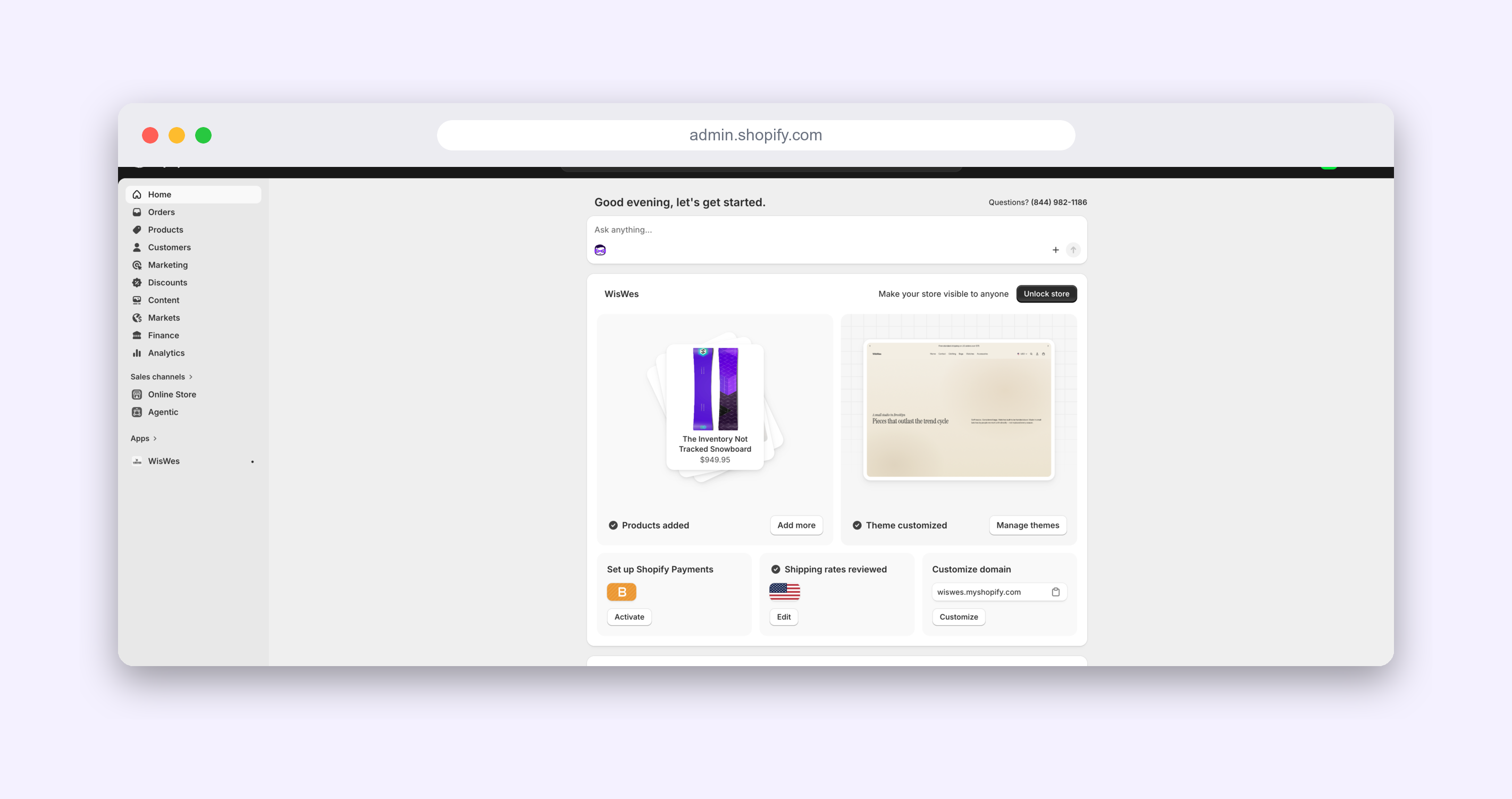The Shopify admin home screen with the newly installed app listed under the Apps section in the left sidebar.