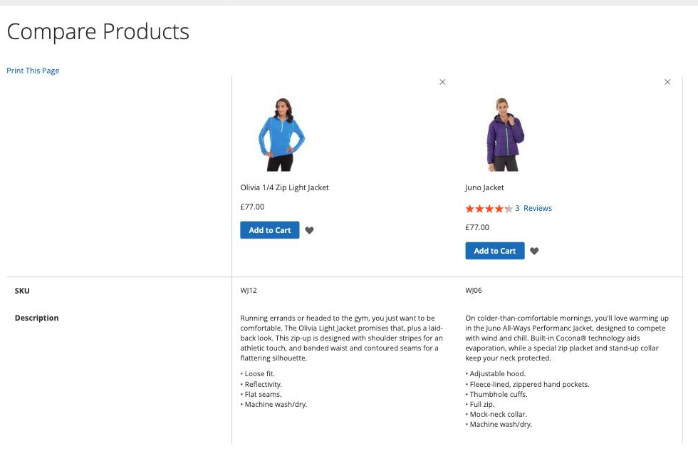 What a compare page gives the shopper: a SKU and two paragraphs of marketing copy. Both jackets £77 — it never says which one to buy.