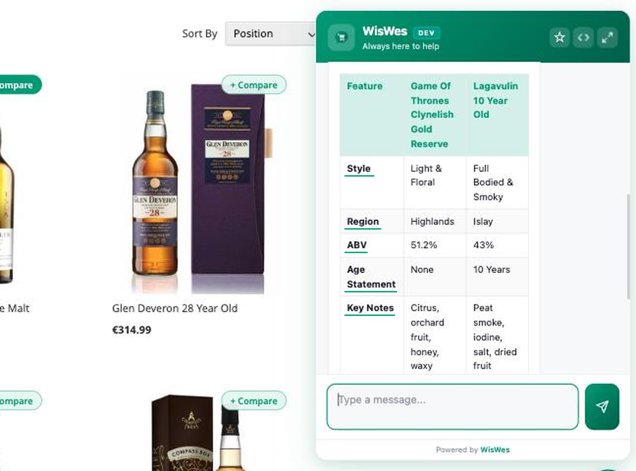 The same two products, asked from that bar. WisWes answers in the chat window with a table — style, region, ABV, age statement, tasting notes — one row per feature that actually differs, then recommends one and says why. Underlining ours.